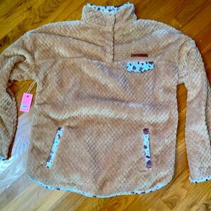 New! Simply Southern Sherpa cow print pullover